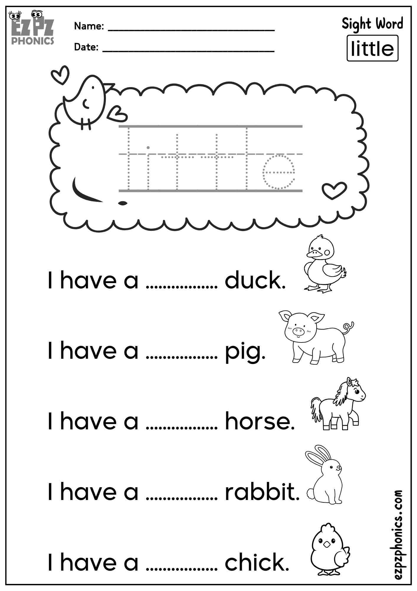 The Word “Little” - Dolch Pre-Kindergarten Sight Words Sentences Worksheet – Free PDF Download